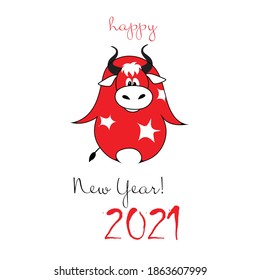 New Year's red bull. Funny cartoon. 2021.	