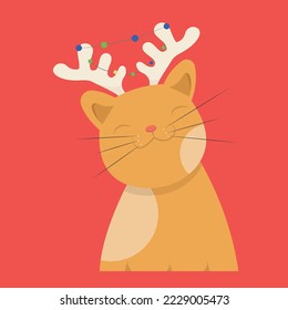 New Year's red cat with decorative deer antlers, around which a garland is wrapped and eyes closed with pleasure