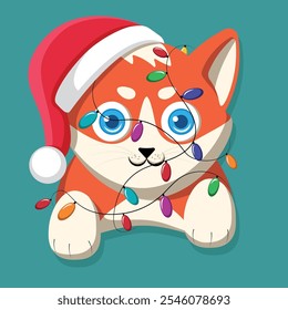 New Year's red cat with a Santa Claus hat is entangled in the garlands. Flat vector illustration isolated on background