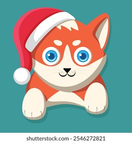 New Year's red cat with a Santa Claus hat. Flat vector illustration isolated on background