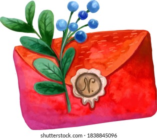 new year's red envelope with a seal and blue berries and green twigs