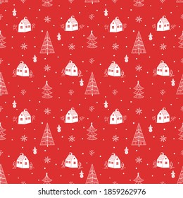 New Year's red pattern with houses, fir trees and snowmen. For printing on fabric, packaging, postcards. Vector