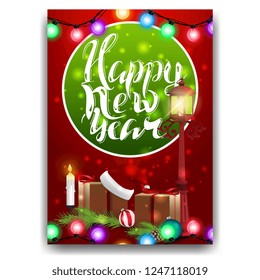 New Year's red poster with beautiful lettering, garland, gifts and antique lantern
