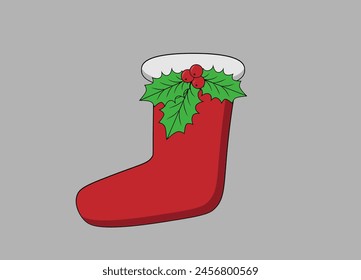 New Year's red sock with decoration on a gray background