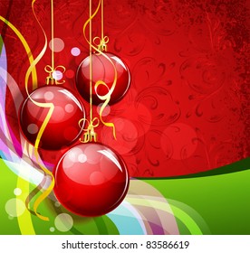 New Year's red-green background with waves and red balls