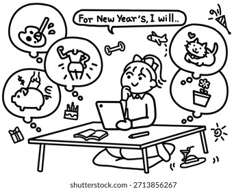 New Year's Resolution Brainstorm doodle art style.