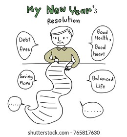 New year's resolution concept with elderly man in casual outfit planning his future and writing down his list and ideas such as debt free, saving more, good health and heart, balanced life on paper.