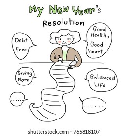 New year's resolution concept with elderly woman in casual outfit planning her future and writing down her list and ideas such as debt free, saving more, good health and heart, balanced life on paper.