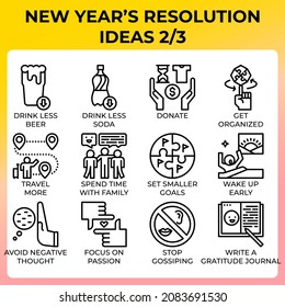 New year's resolution ideas icon set in modern style for ui, ux, web, app, brochure, flyer and presentation design, etc.