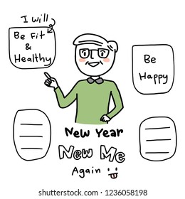 A New Year's resolution. Mature man pointing to his "New Year, New Me" plan and wish lists such as being fit and healthy, being happy. Blank word bubble for writing down more included. Funny style.