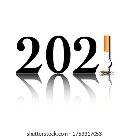 New Year's resolution Quit Smoking concept with the i in 2021 being replaced by a stubbed out cigarette. EPS10 vector format.