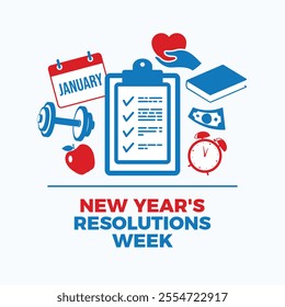 New Year's Resolution Week poster vector illustration. New Year Resolution red blue icon set vector. New Year's wish list icons. Resolutions and goals concept. Template for background, banner, card