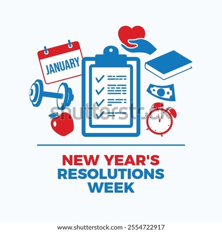 New Year's Resolution Week poster vector illustration. New Year Resolution red blue icon set vector. New Year's wish list icons. Resolutions and goals concept. Template for background, banner, card