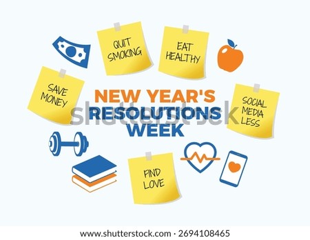 New Year's Resolution Week poster vector illustration. New Year Resolution icon set. New Year's wish list symbol. Resolutions and goals concept. Yellow sticky note paper with text