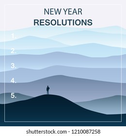 New years resolution in the new year, men standing on the hill looking into new perspectives next year, minimalist landscape, vector, illustration, banner, poster