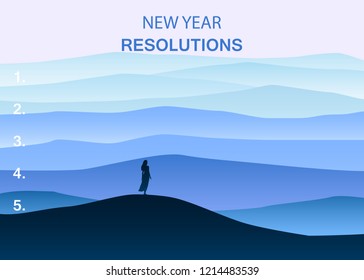 New years resolution in the new year, women are standing on the hill looking into new perspectives next year, minimalist landscape, vector, illustration, banner, poster