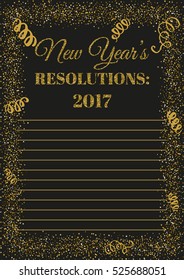 New years resolutions 2017 blank template with golden glitter texture.