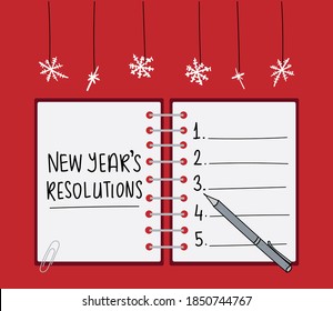 New year's resolutions blank list on notebook / Design with snowflakes on red