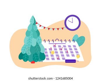New year's resolutions concept illustration. Christmas tree, clock and planning target calendar. Vector flat style. 