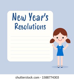 New Year's Resolutions List. Cheerful Little Girl Cartoon With Blank White Board Illustration In Flat Design Style.