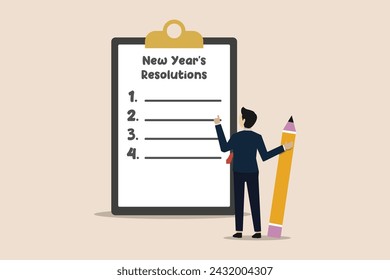 New year's resolutions, set business target for new year or beginning with work challenge concept, smart businessman holding big pencil thinking about new year's resolution on notepad paper.