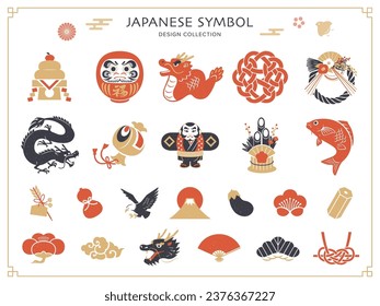 New Year's retro Japanese style icon set. Year of the Dragon. lucky charm.