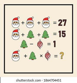 New Year's riddle. Preschool or kindergarten Christmas puzzle. Mathematical counting game for children and adult. Mathematic riddle for the mind. Riddle with numbers. Vector