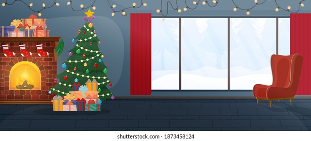 New Year's room with a large panoramic window overlooking the forest. Fireplace, mountain of gifts, Christmas tree, red vintage armchair, winter in the forest. Vector.