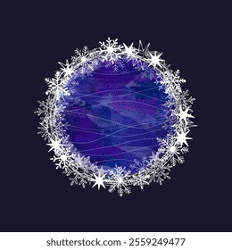 New Year's round frame with white snowflakes on a blue background. Vector illustration.