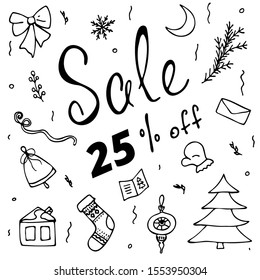 New Year's sale banner! 25% discount. Stylish banner, poster for your business. Set of christmas elements and lettering.