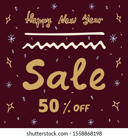 New Year's sale banner! 50% discount. Stylish banner, poster for your business. Laconic lettering for winter discounts. Discount for the store in trend colors.