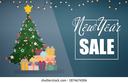 New Years sale blue banner. Heap of large colorful wrapped gift boxes with ribbon bows lying under the tree. Baner for New Year's sales and discounts.