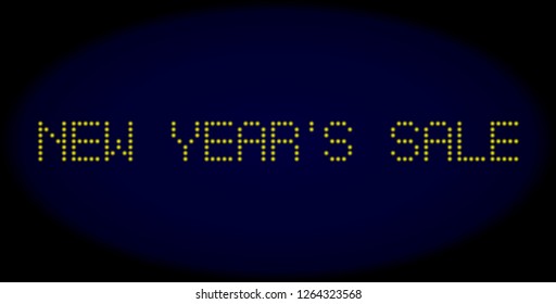 New Year'S Sale text in LED style with round glowing dots. Vector glare yellow symbols forms New Year'S Sale text on a dark blue background. Digital font with round elements.