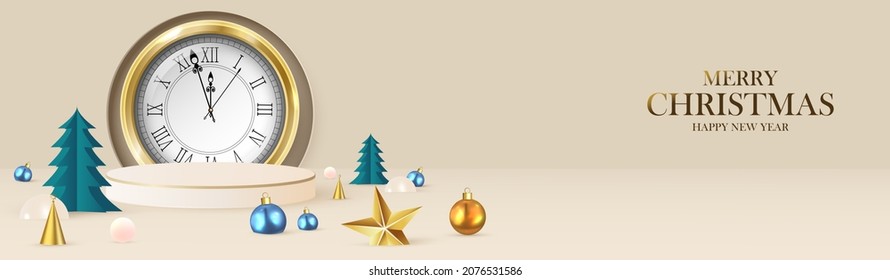Neujahr-Szene für Produktpräsentation in beigen Farben. Rundrahmen, zylindrisches Podium und Weihnachtsbaumdekorationen. Große Uhren und Weihnachtsbäume. Vektorgrafik
