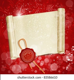 New Year's scroll with the wax seal of Santa on a red holiday background