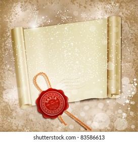 New Year's scroll with the wax seal of Santa on a holiday background