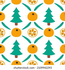 New Year's seamless bright pattern with tangerines, Christmas tree and Christmas tree branch on a white background