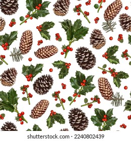 New Year's seamless floral pattern with sharp leaves and fir cones. Suitable for printing on fabric, textile, wrapping paper, decorative wallpaper, packaging, invitations.
