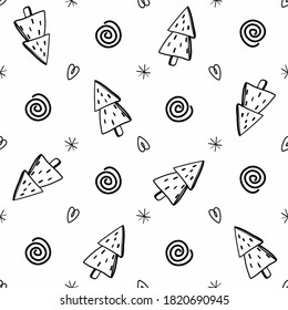 New year's seamless hand-drawn pattern in the Scandinavian style of Christmas attributes, Christmas trees, Christmas toys, garlands, stars. Perfect for wrapping paper pattern for the fabric or decor