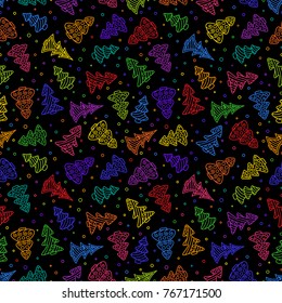 New year's Seamless Pattern of Bright Colorful Hand-drawn Outline Christmas Trees on Black Backdrop. Continuous Christmas Background for Cloth, Fabric, Textile, Tissue, Pack Paper, Wrapping Paper.