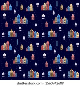 New year's seamless pattern with Christmas houses. Background with winter urban landscape. Old european town. Cartoon buildings for greeting card, postcard, template, frame, cover, poster . Cityscape