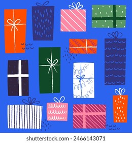 New Year's seamless pattern of Christmas gifts on a blue background, hand drawn illustration