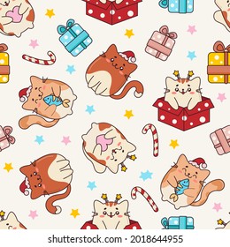 A New Year's seamless pattern with cute cats in a cartoon style. Ideal for textiles, fabrics, packaging, wrapping paper. Happy New Year and Merry Christmas. Vector pattern