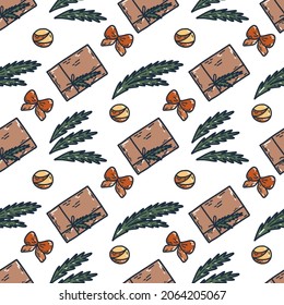 New year's seamless pattern with gift boxes, bow and fir-branches. Vector illustration