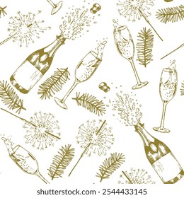 New Year's seamless pattern with glasses of champagne and sparklers. holiday print in sketch style