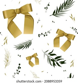 New Year's seamless pattern. Gold bows, green leaves and branches. Christmas decor. Design elements for greeting card, wallpaper, textiles.