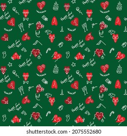 Patrón sin fisuras de Año Nuevo. Fondo verde, elementos rojos y blancos.