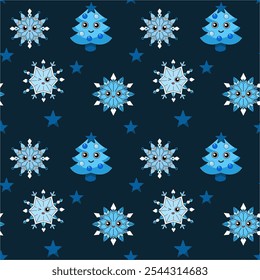 New Year's seamless pattern in kawaii style in blue tones, which can be used as a holiday decoration or gift wrapping