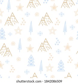 Das nahtlose Muster des neuen Jahres. Fröhlicher Weihnachtshintergrund. Weihnachtshintergrund. Geometrische Bäume auf weißem Hintergrund. Winterwaldhintergrund. Nahtlose Muster für Winter- und Weihnachtsthemen. 