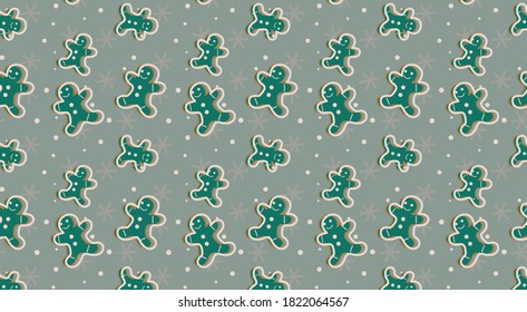 New year's seamless pattern of snowflakes and gingerbread on a blue background